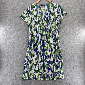 Jones New York Dress Womens Extra Large Green Multi Faux Wrap Surplice Ruched